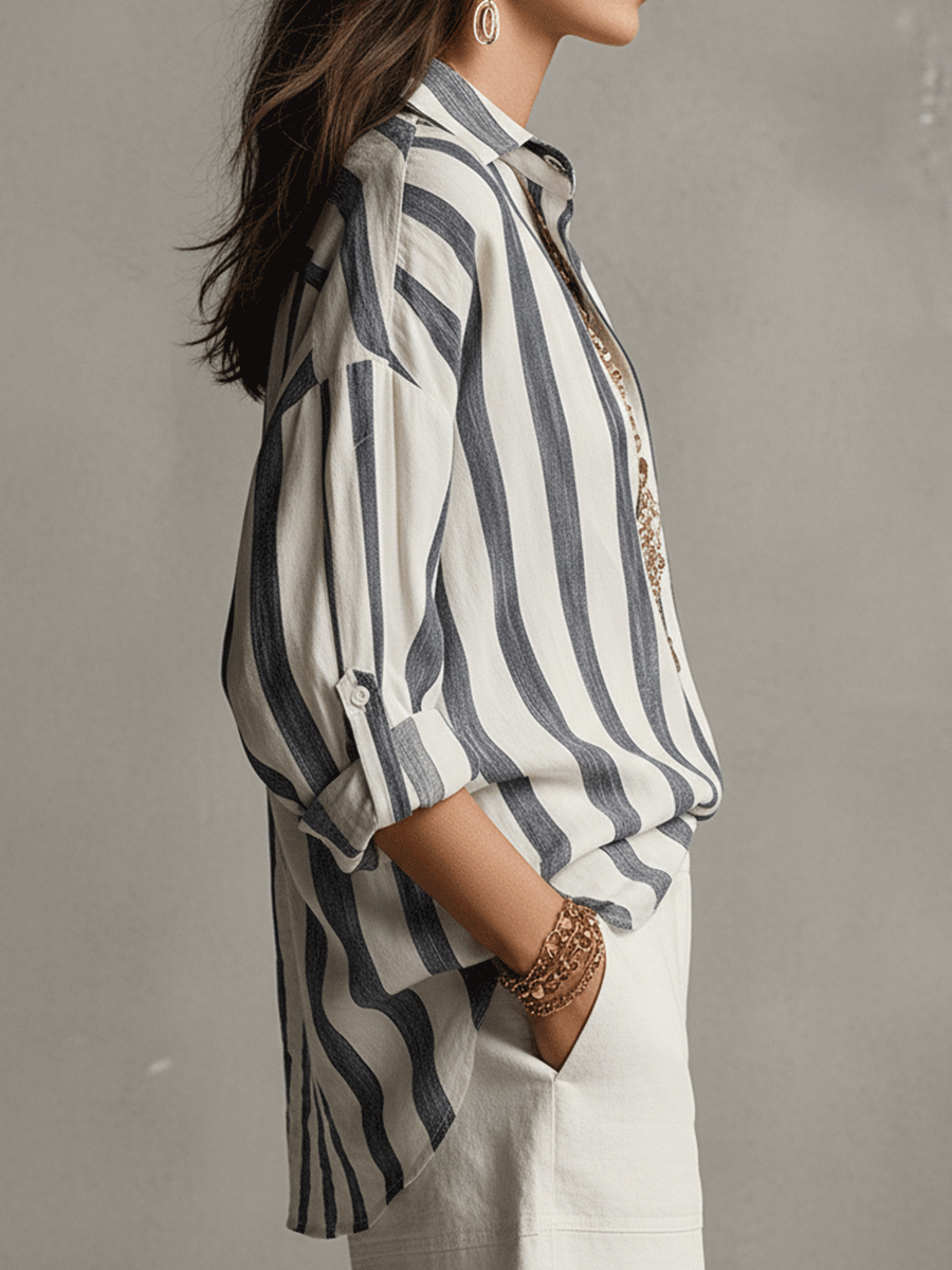 Kaia | Chemise Décontractée à Rayures en Coton et Lin à Manches Longues
