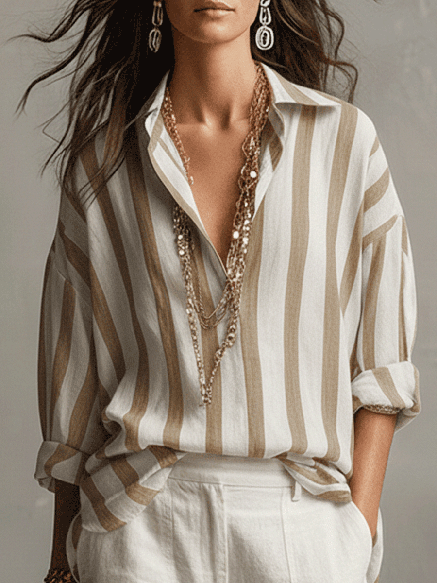 Kaia | Chemise Décontractée à Rayures en Coton et Lin à Manches Longues