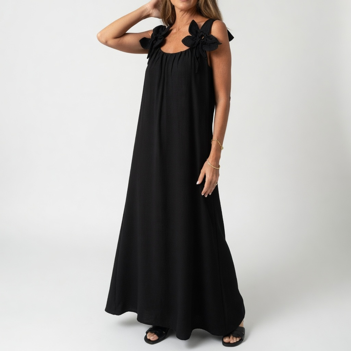 Sévrine — Robe maxi fluide à épaules fleuries élégance estivale naturelle