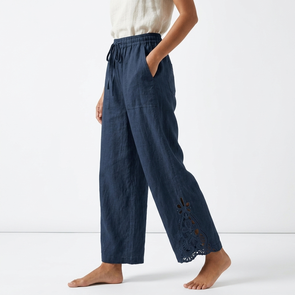 Perrine — Pantalon large cropped ourlet dentelle élégance urbaine estivale